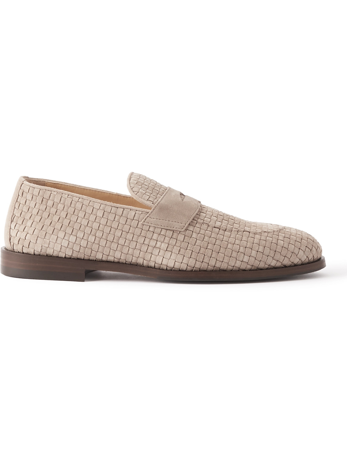 Shop Brunello Cucinelli Woven Suede Penny Loafers In Neutrals