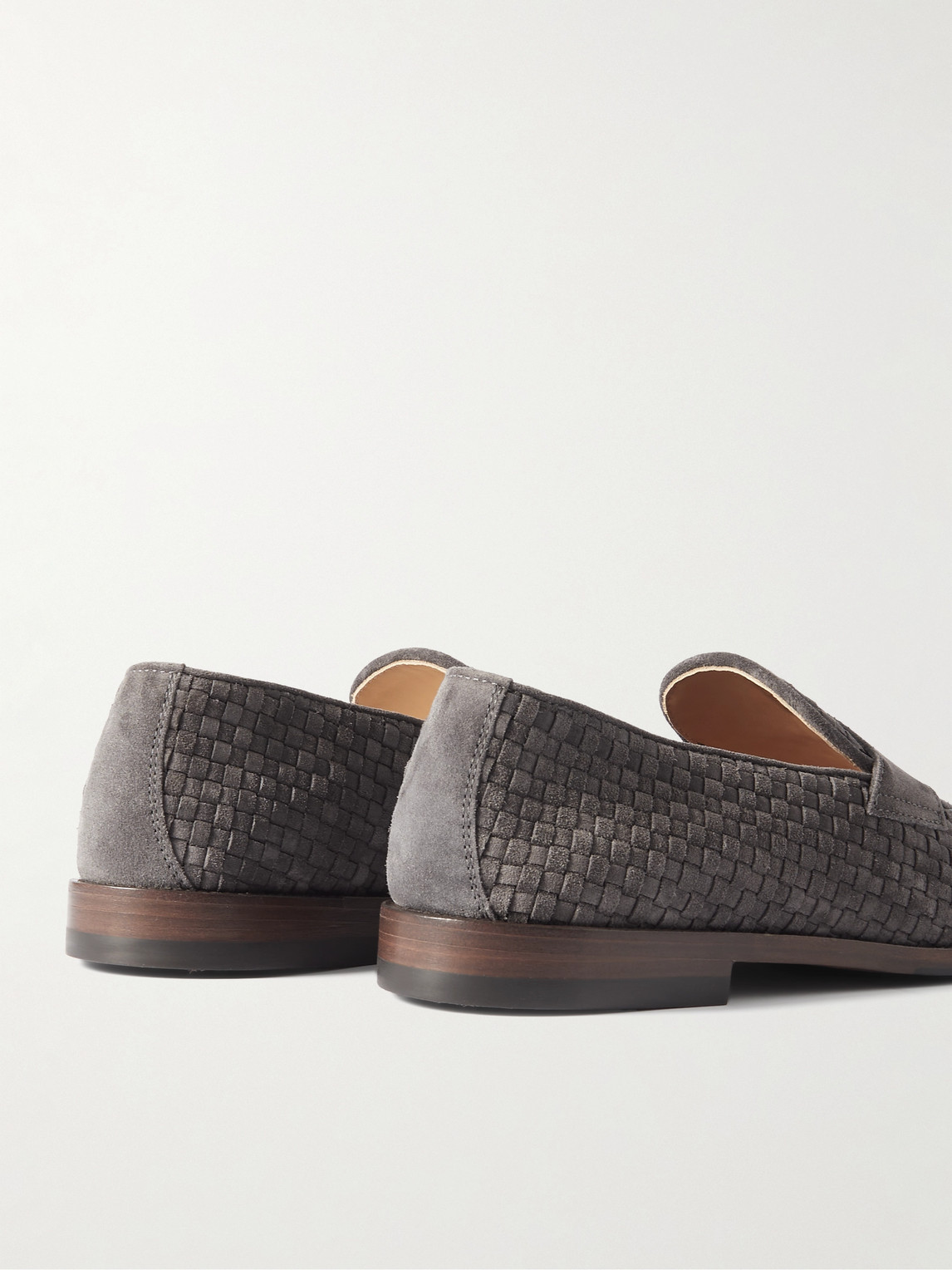 Brunello Cucinelli Woven Suede Penny Loafers In Gray