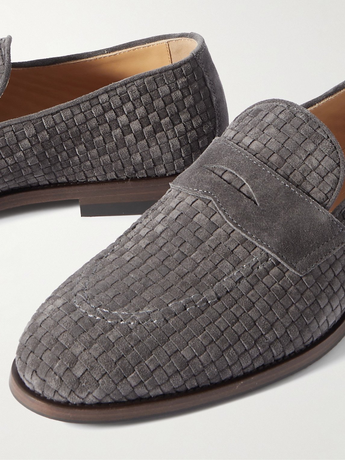 Brunello Cucinelli Woven Suede Penny Loafers In Gray