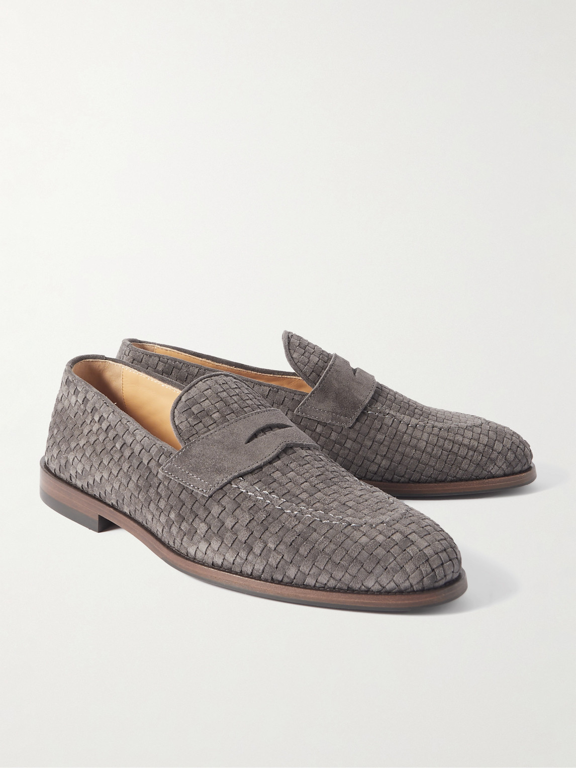 Brunello Cucinelli Woven Suede Penny Loafers In Gray