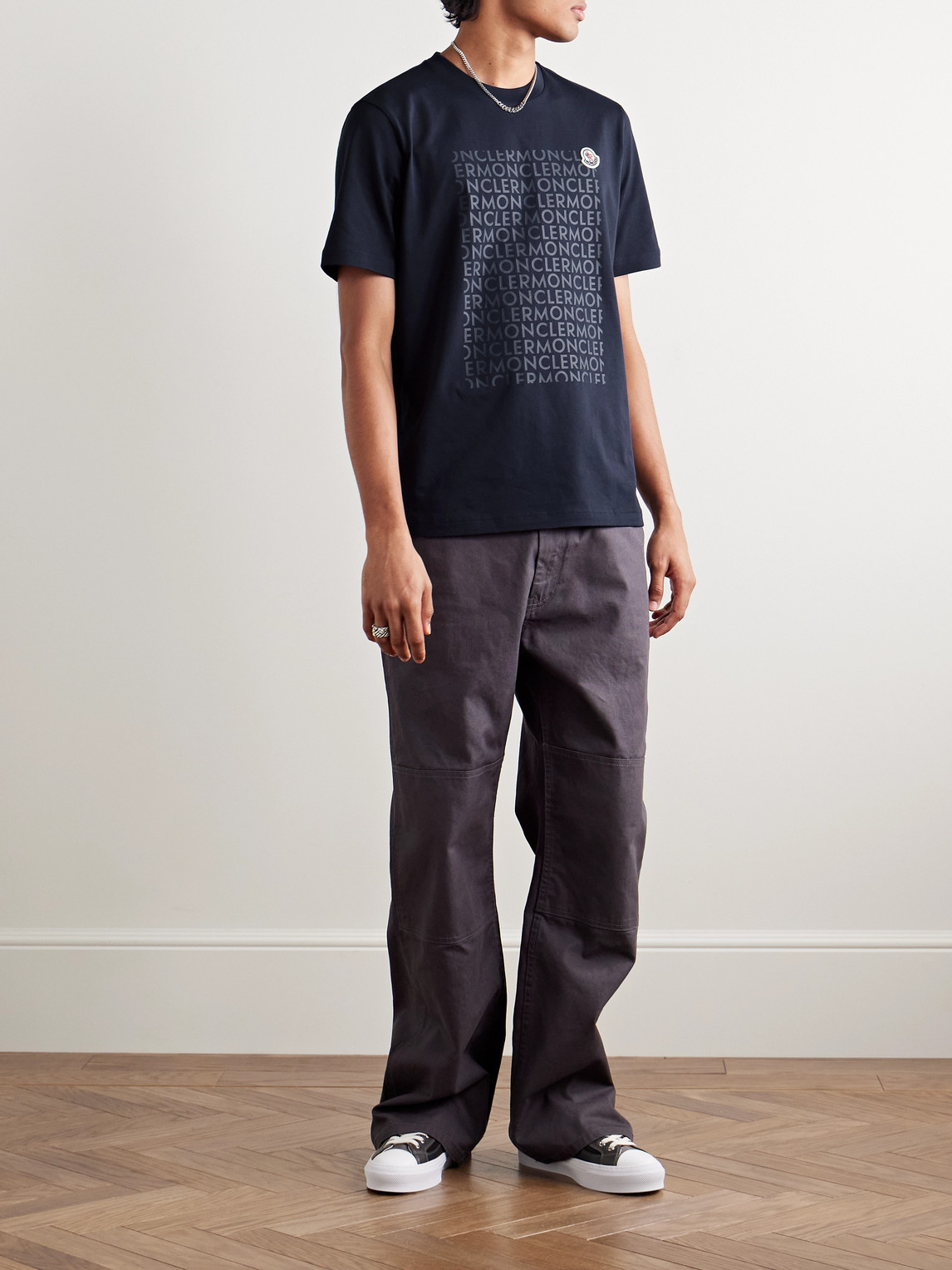 Moncler Logo-appliquéd Printed Cotton-jersey T-shirt In Blue