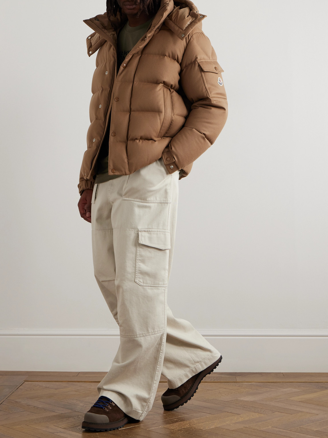 Moncler Logo-appliquéd Quilted Wool-flannel Hooded Down Jacket In Brown