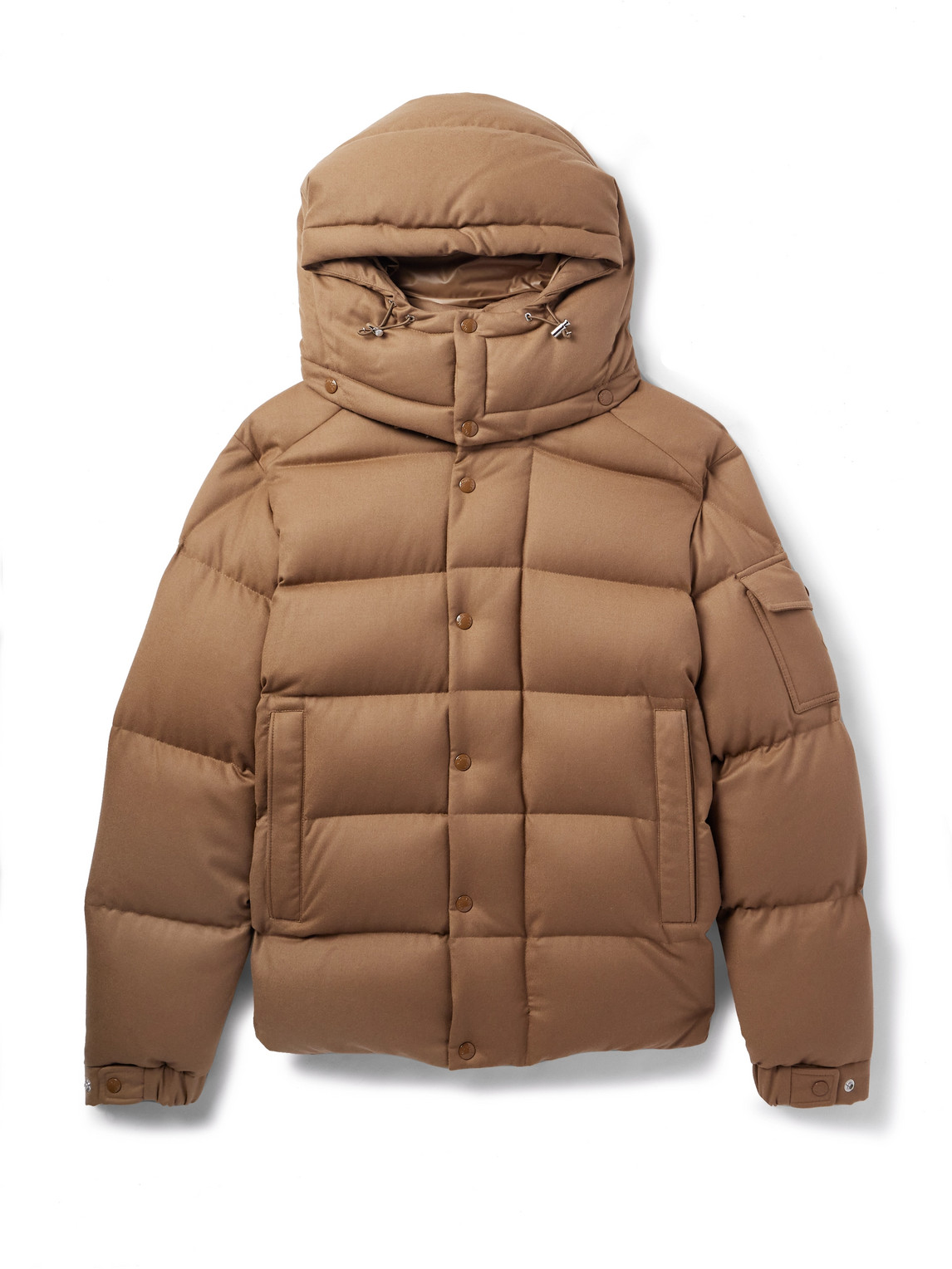 Moncler Logo-appliquéd Quilted Wool-flannel Hooded Down Jacket In Brown