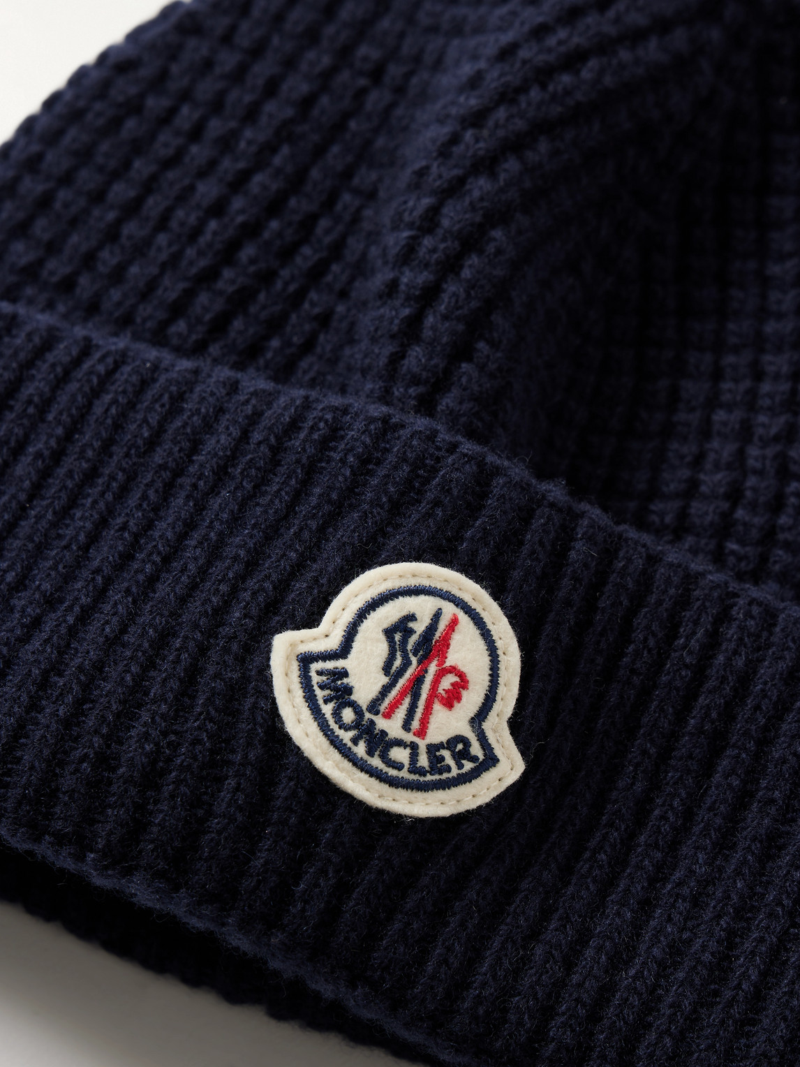 Moncler Logo-appliquéd Waffle-knit Virgin Wool And Cashmere-blend Beanie In Blue