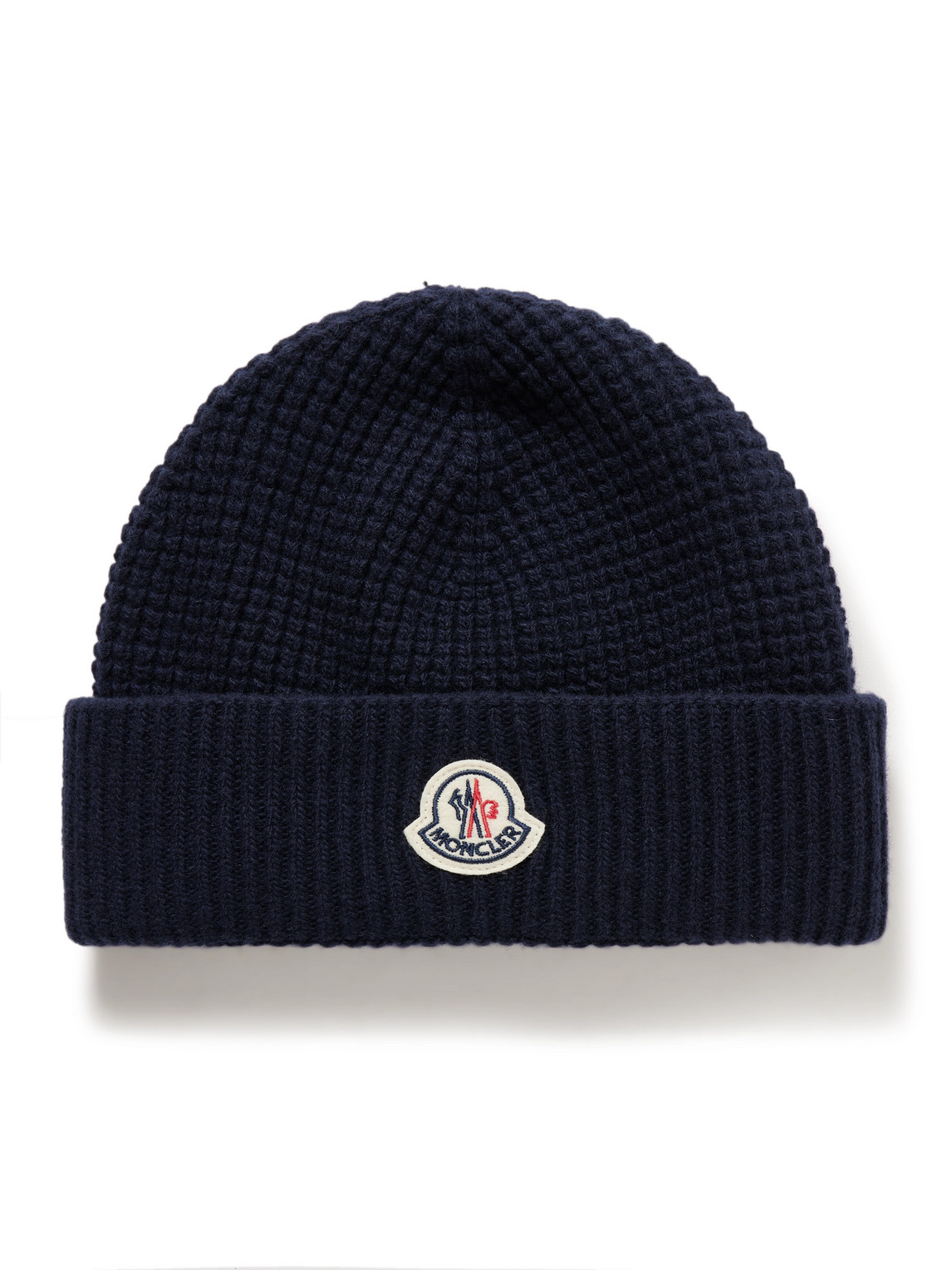 Moncler Logo-appliquéd Waffle-knit Virgin Wool And Cashmere-blend Beanie In Blue
