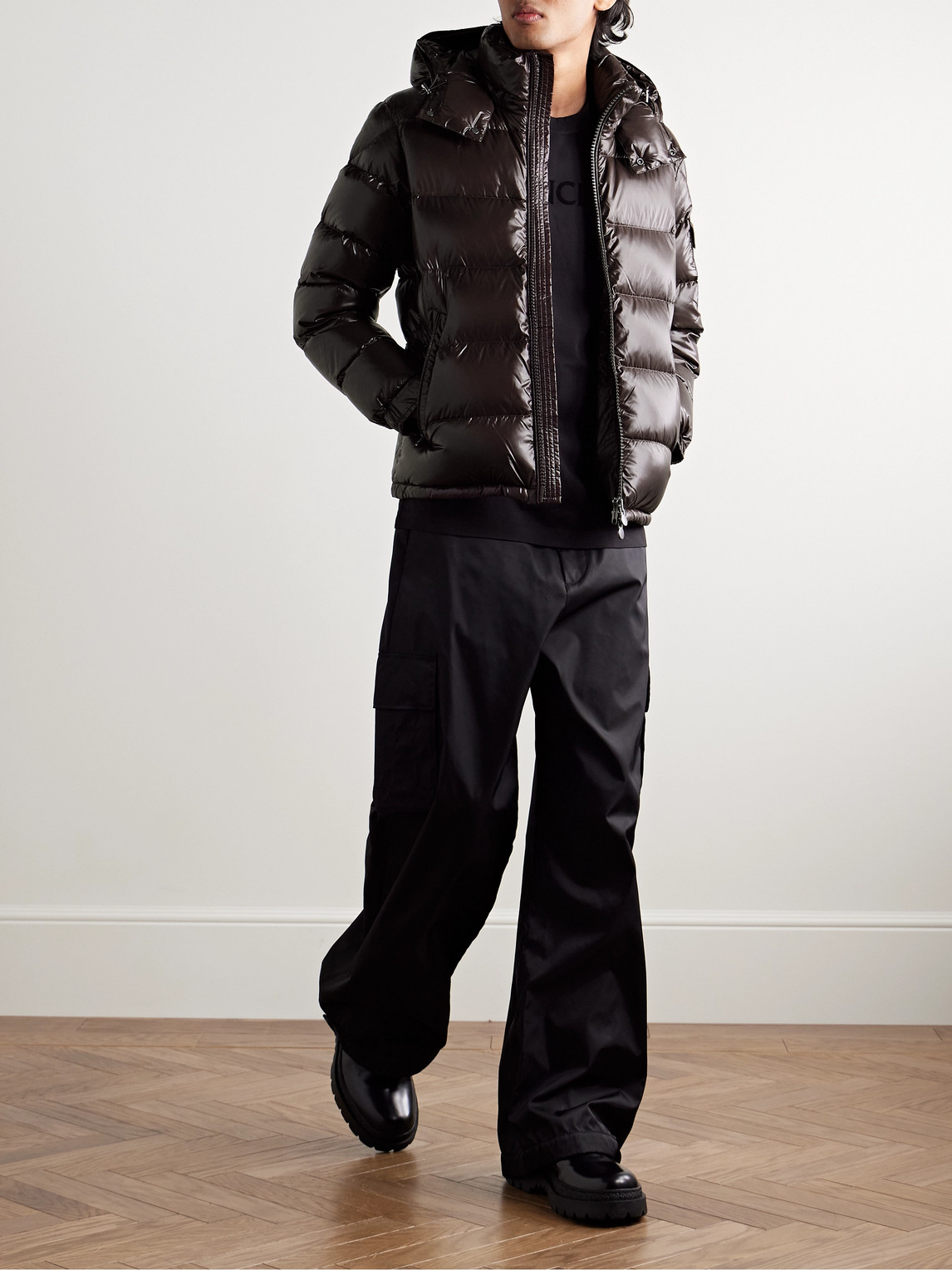 Moncler Shiny Brown Maya Down Jacket Men In Black