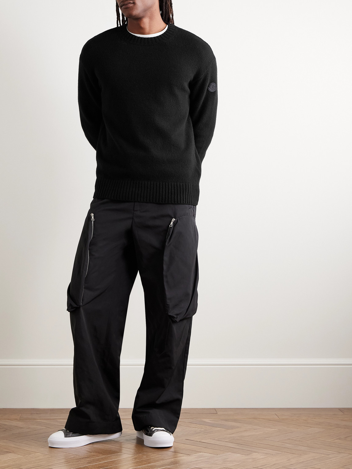 Shop Moncler Logo-appliquéd Virgin Wool And Cashmere-blend Sweater In Black
