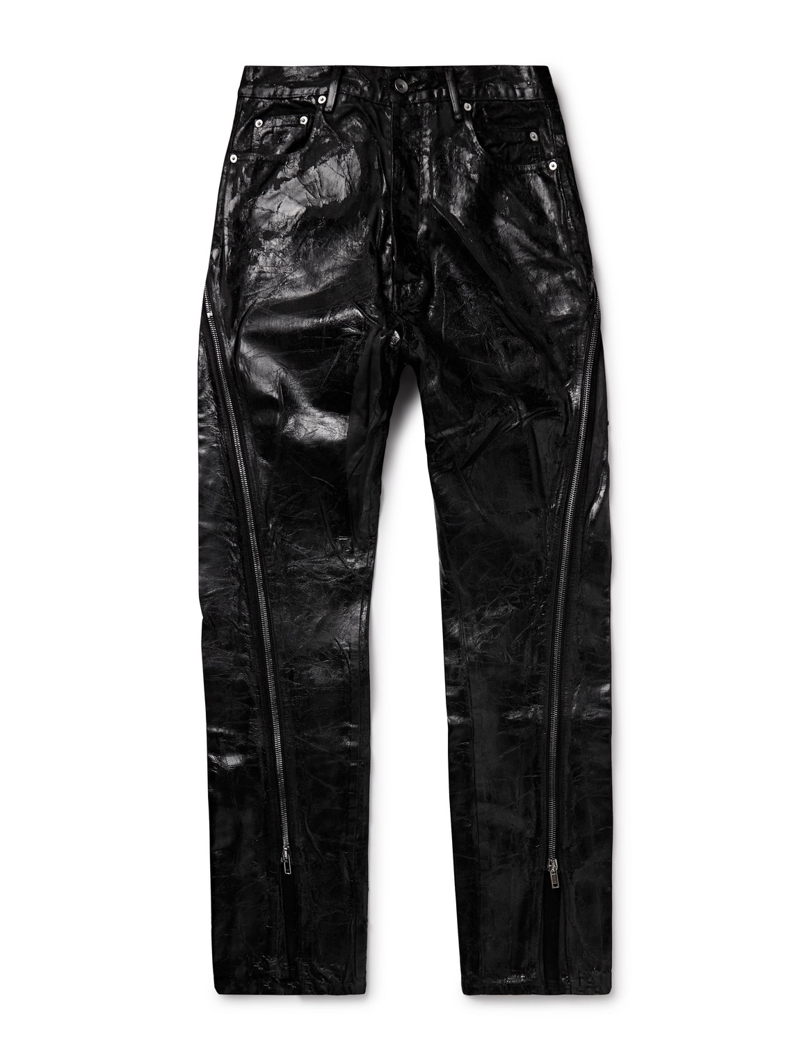 Bolan Banana Slim-Fit Flared Zip-Embellished Distressed Coated Jeans