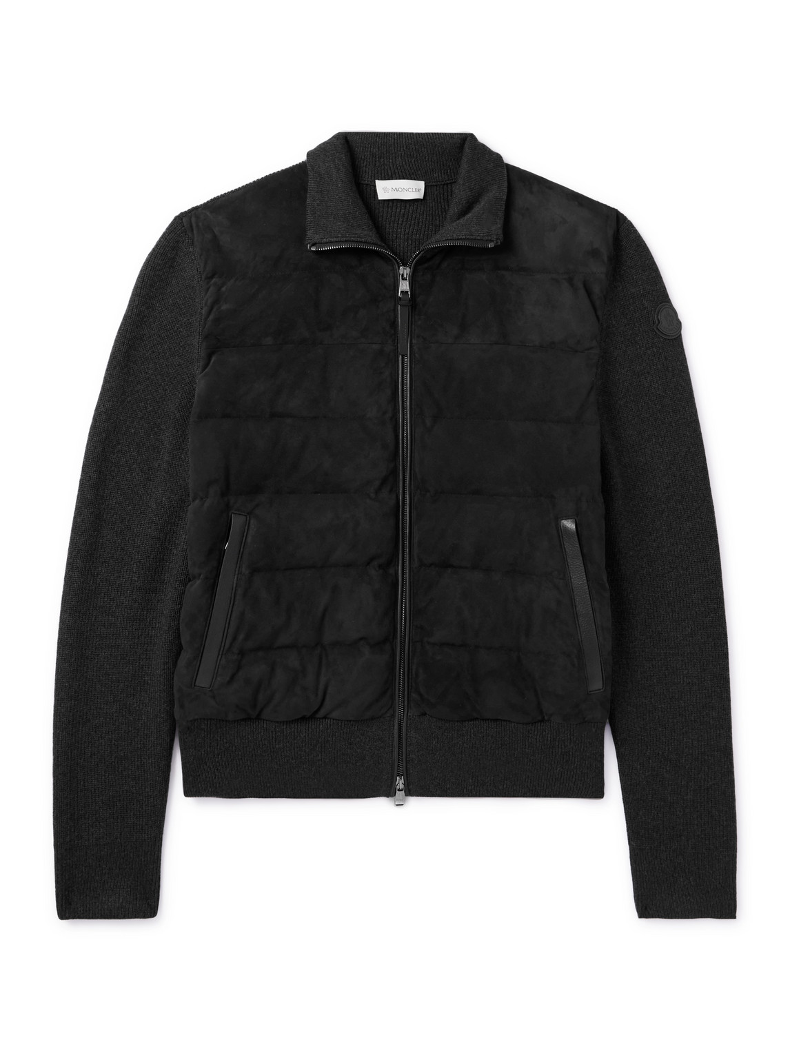 Moncler Slim-fit Logo-appliquéd Leather-trimmed Quilted Suede And Virgin Wool Down Cardigan In Black