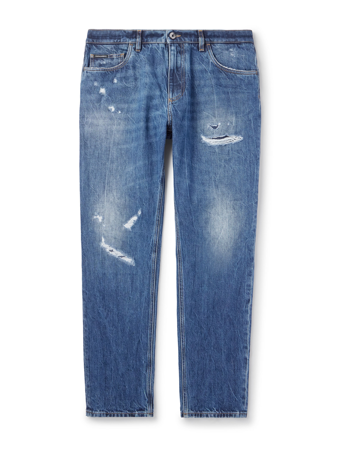 Dolce&Gabbana Slim-Fit Tapered Logo-Embroidered Distressed Jeans
