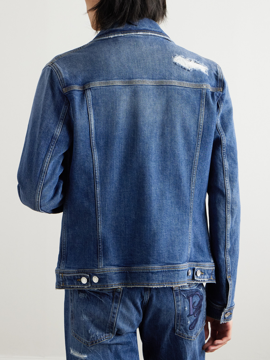 Dolce & Gabbana Blue Jacket With Classic Collar And Rips In Denim Stretch Man In Blue