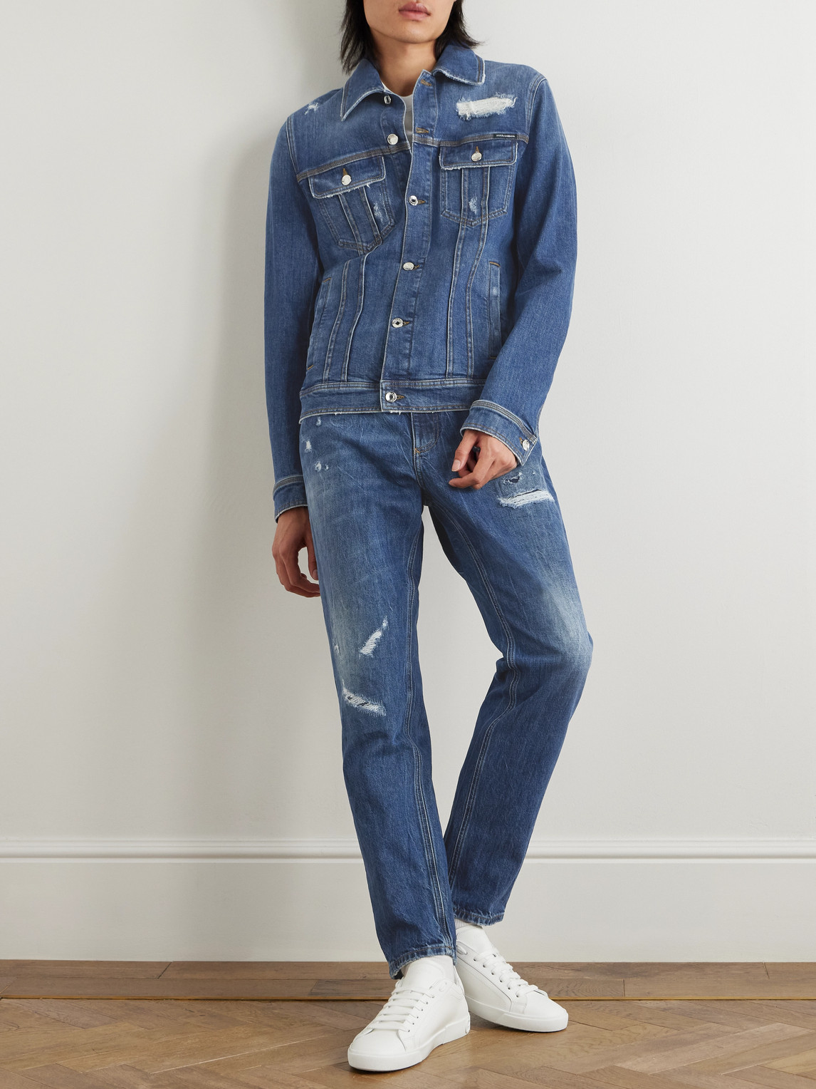Dolce & Gabbana Blue Jacket With Classic Collar And Rips In Denim Stretch Man In Blue