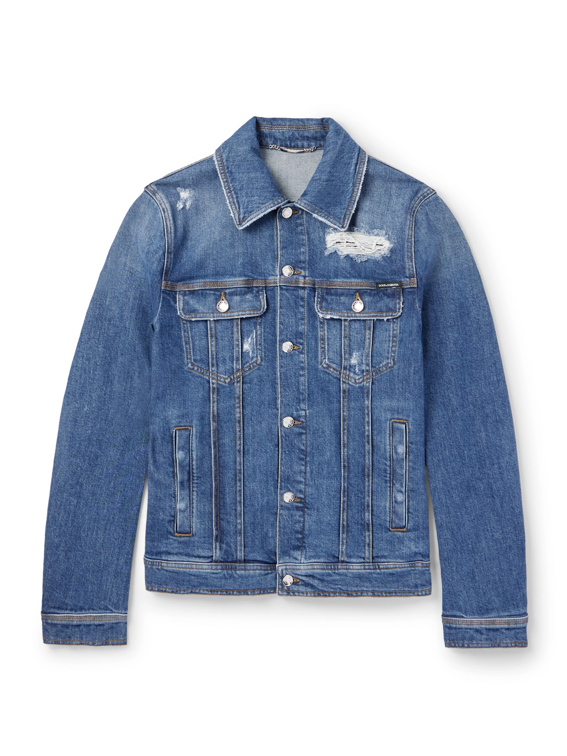 Dolce & Gabbana Blue Jacket With Classic Collar And Rips In Denim Stretch Man In Blue