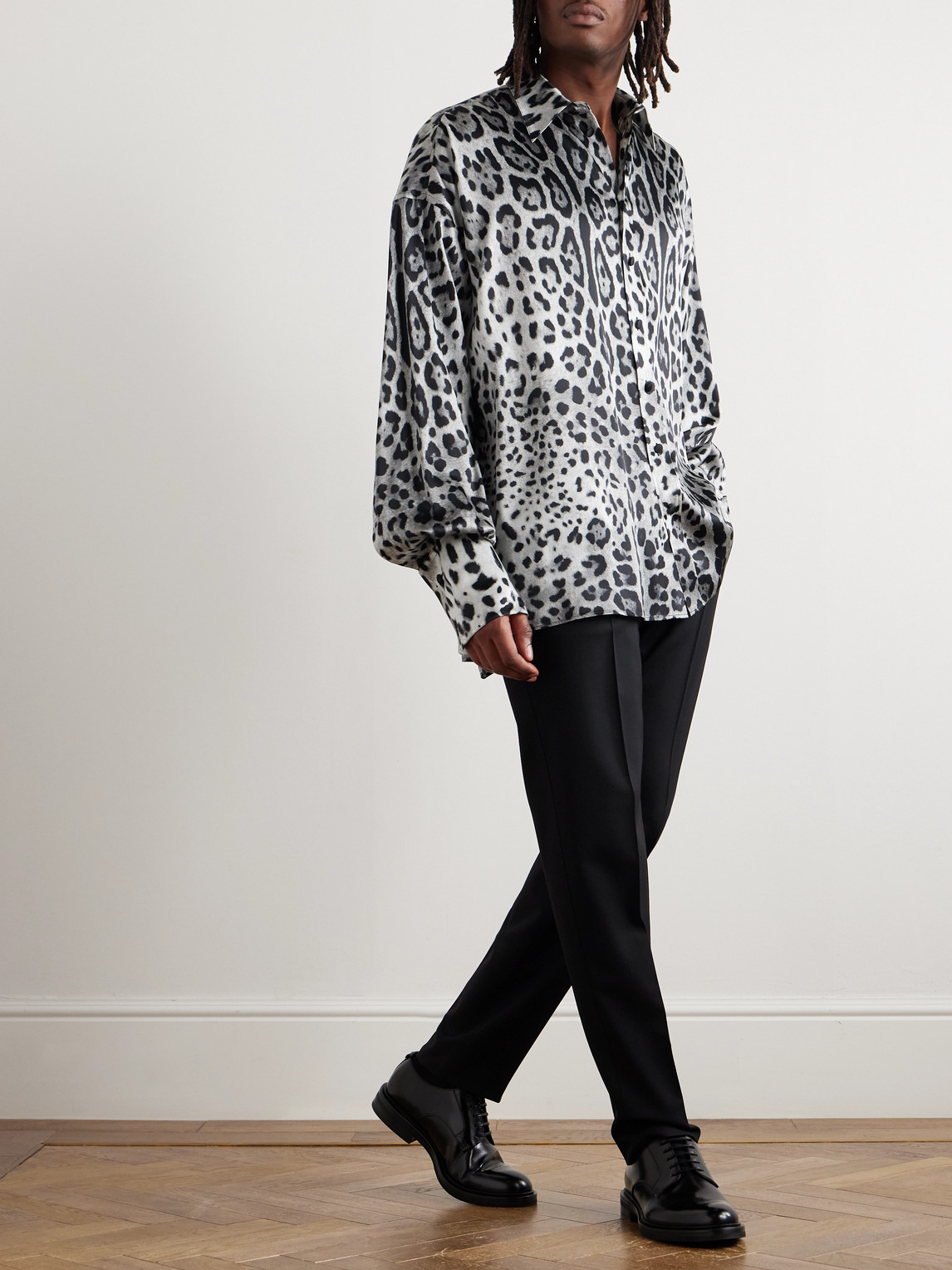 Dolce & Gabbana Grey Shirt With Leopard Print All-over And Logo Lettering In Animal Print