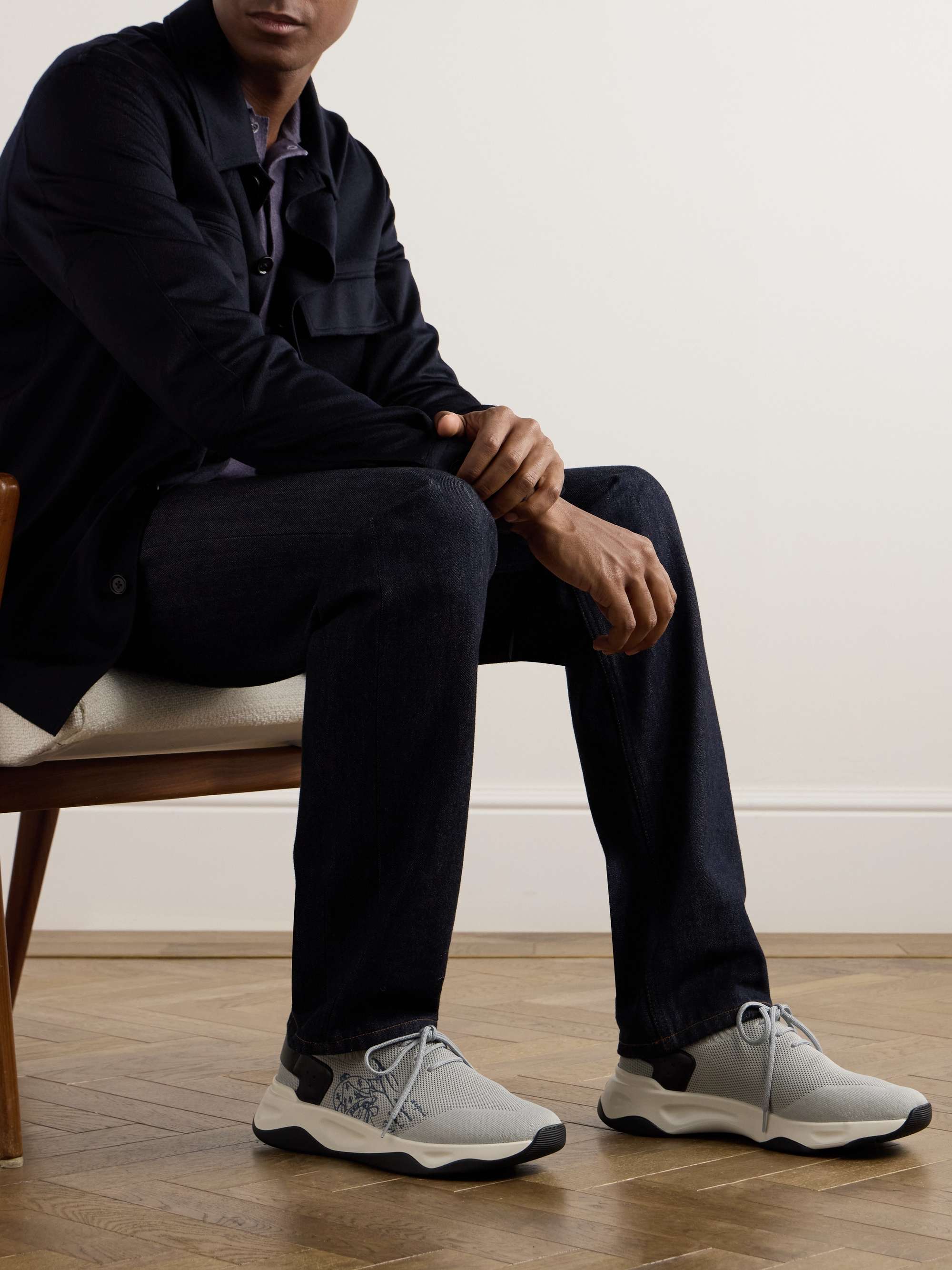 BERLUTI Shadow Scritto Venezia Leather-Trimmed Stretch-Knit BERLUTI Shadow Scritto Venezia Leather-Trimmed Stretch-Knit