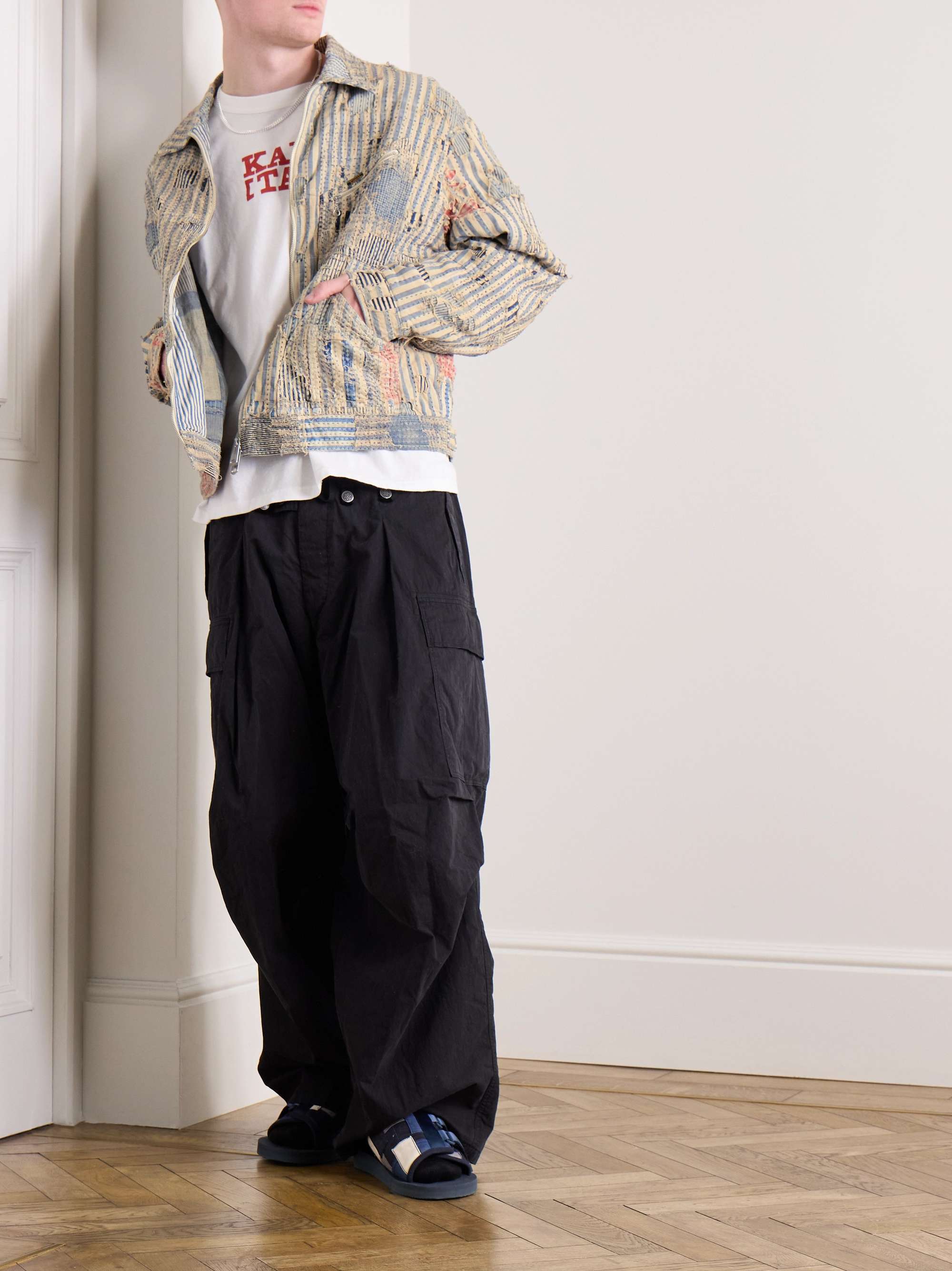 Liberty Distressed Embroidered Striped Cotton-Blend Blouson Jacket Liberty Distressed Embroidered Striped Cotton-Blend Blouson Jacket