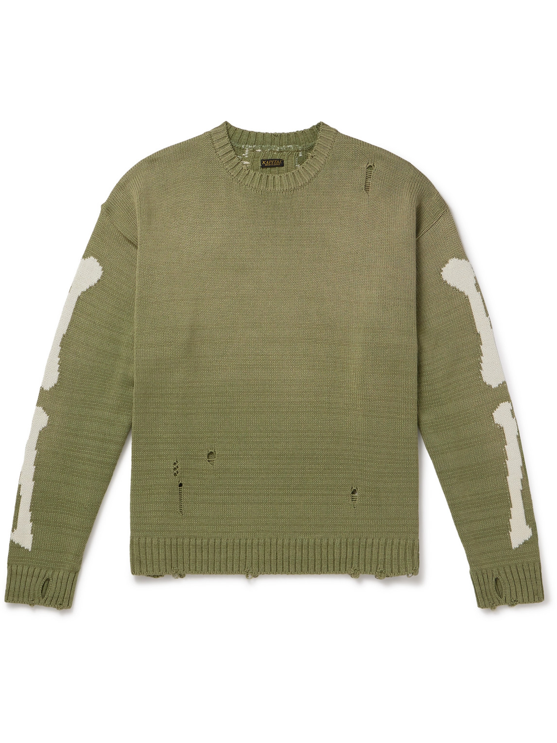 Kapital 5g Distressed Intarsia Cotton-blend Sweater In Green