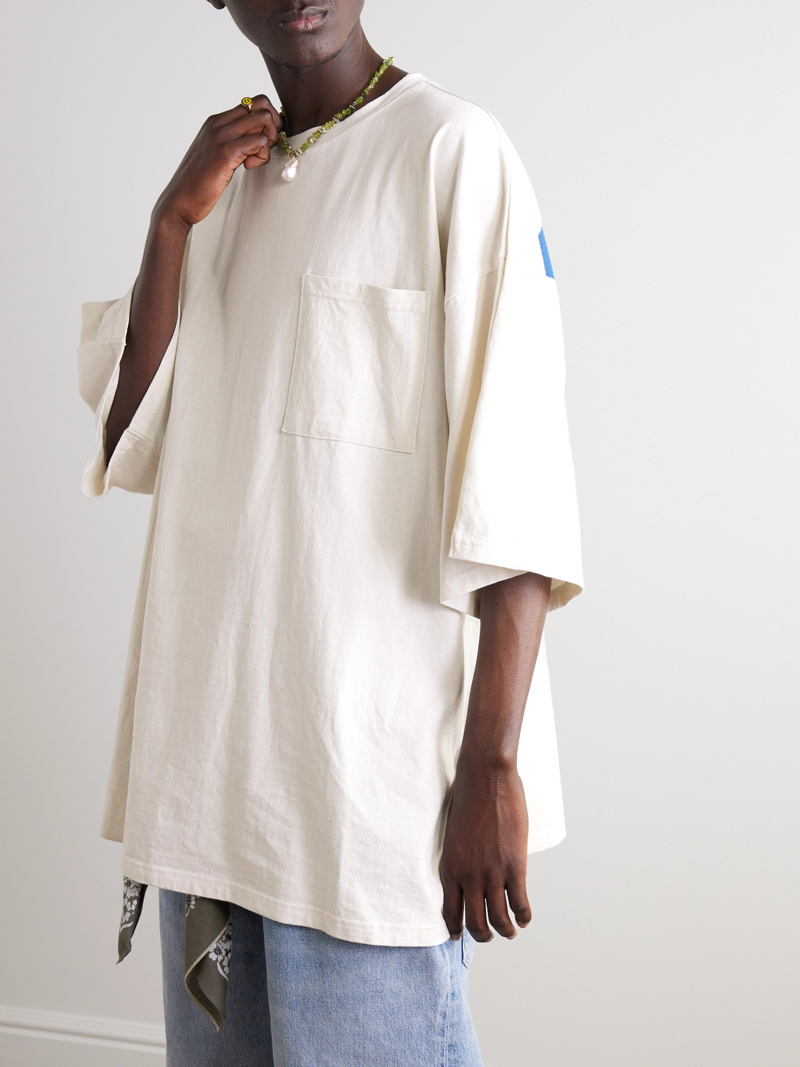 Shop Kapital Distressed Printed Two-tone Cotton-jersey T-shirt In White