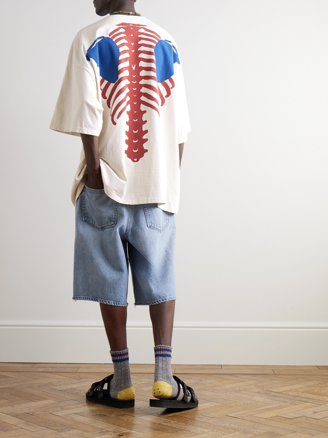 Shop Kapital Distressed Printed Two-tone Cotton-jersey T-shirt In White