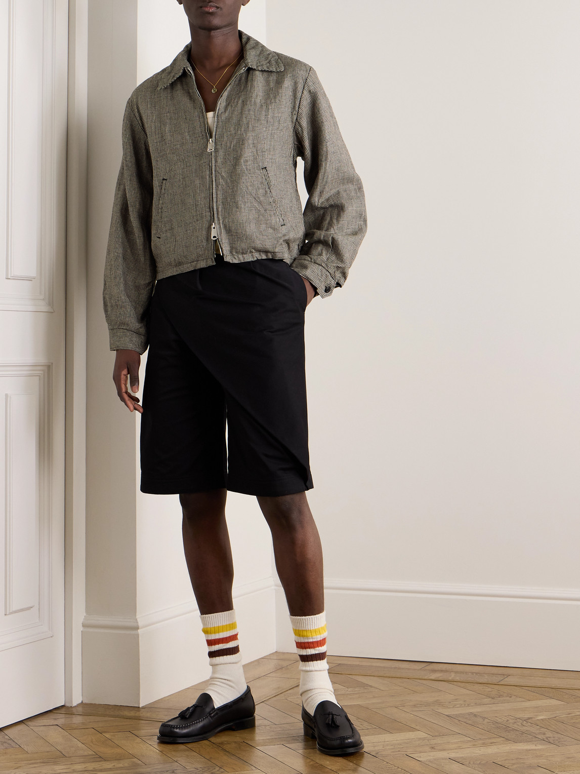 Shop Kapital Houndstooth Linen Blouson Jacket In Brown