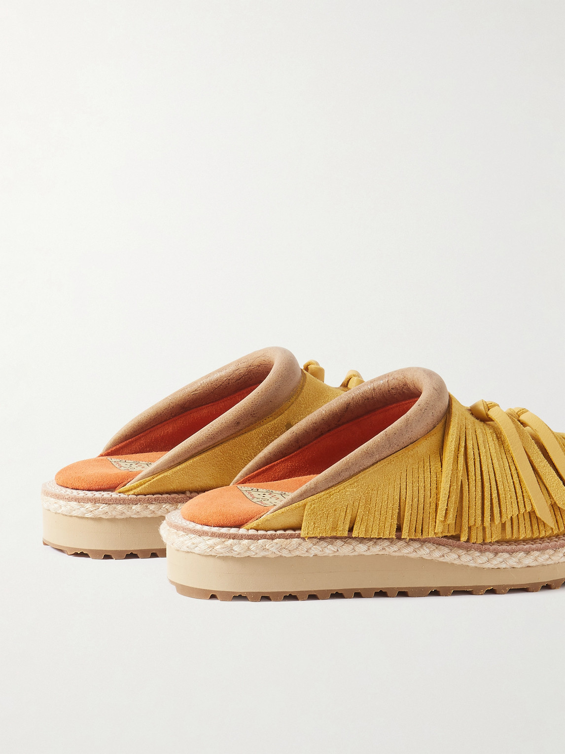 Shop Kapital Pueblo Rain Leather-trimmed Fringed Suede Sandals In Yellow