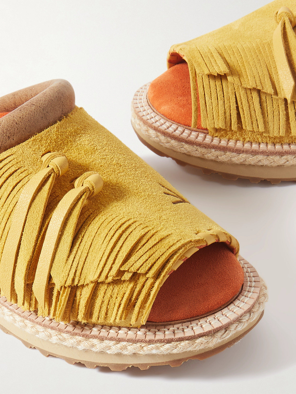 Shop Kapital Pueblo Rain Leather-trimmed Fringed Suede Sandals In Yellow