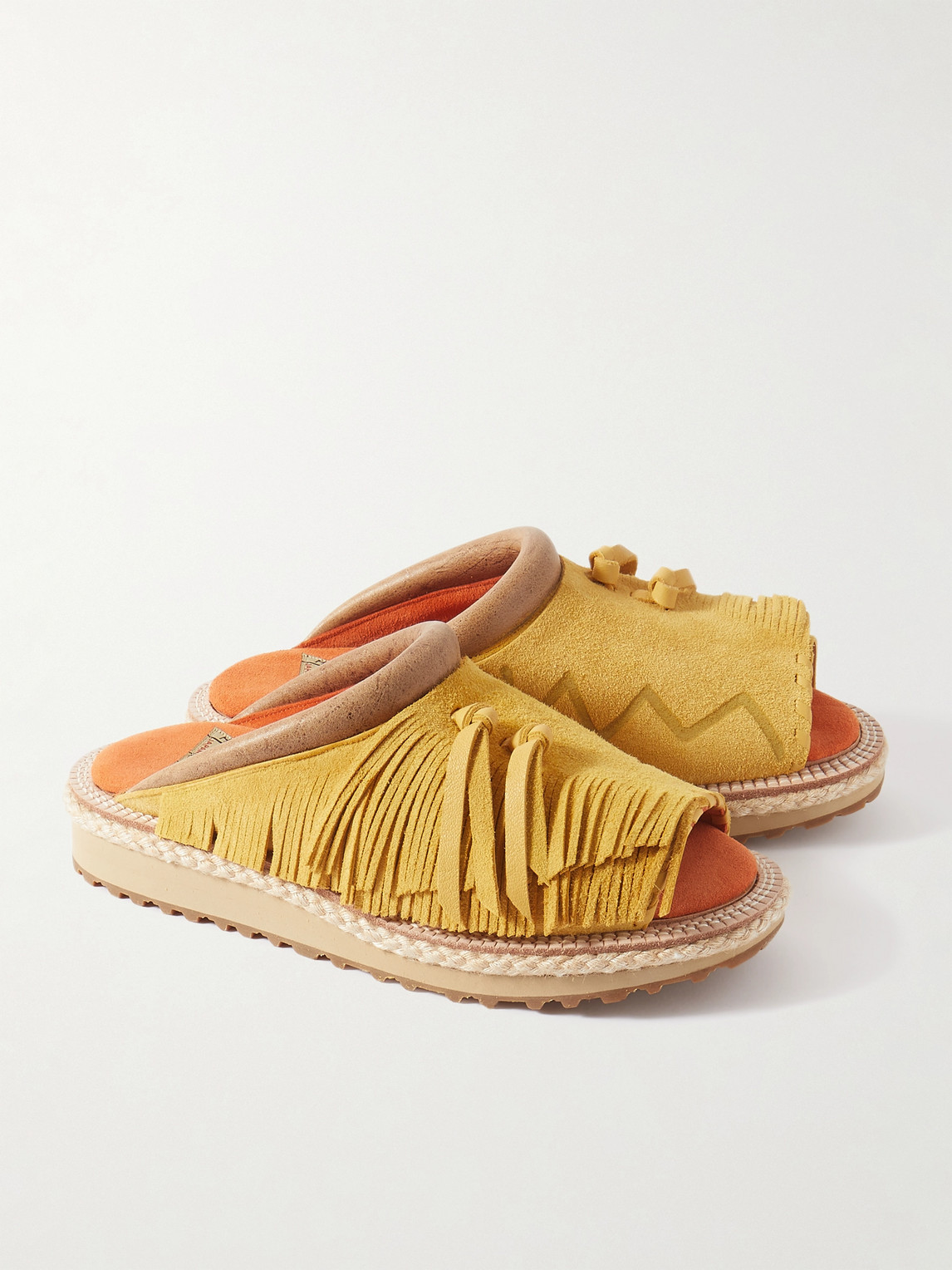 Shop Kapital Pueblo Rain Leather-trimmed Fringed Suede Sandals In Yellow