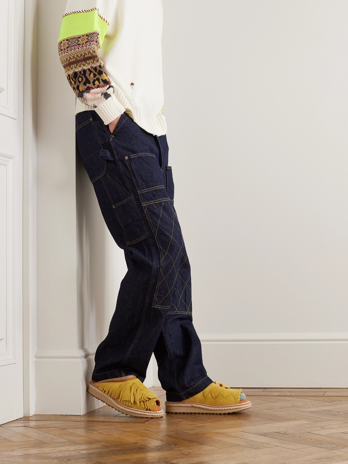 Shop Kapital Pueblo Rain Leather-trimmed Fringed Suede Sandals In Yellow