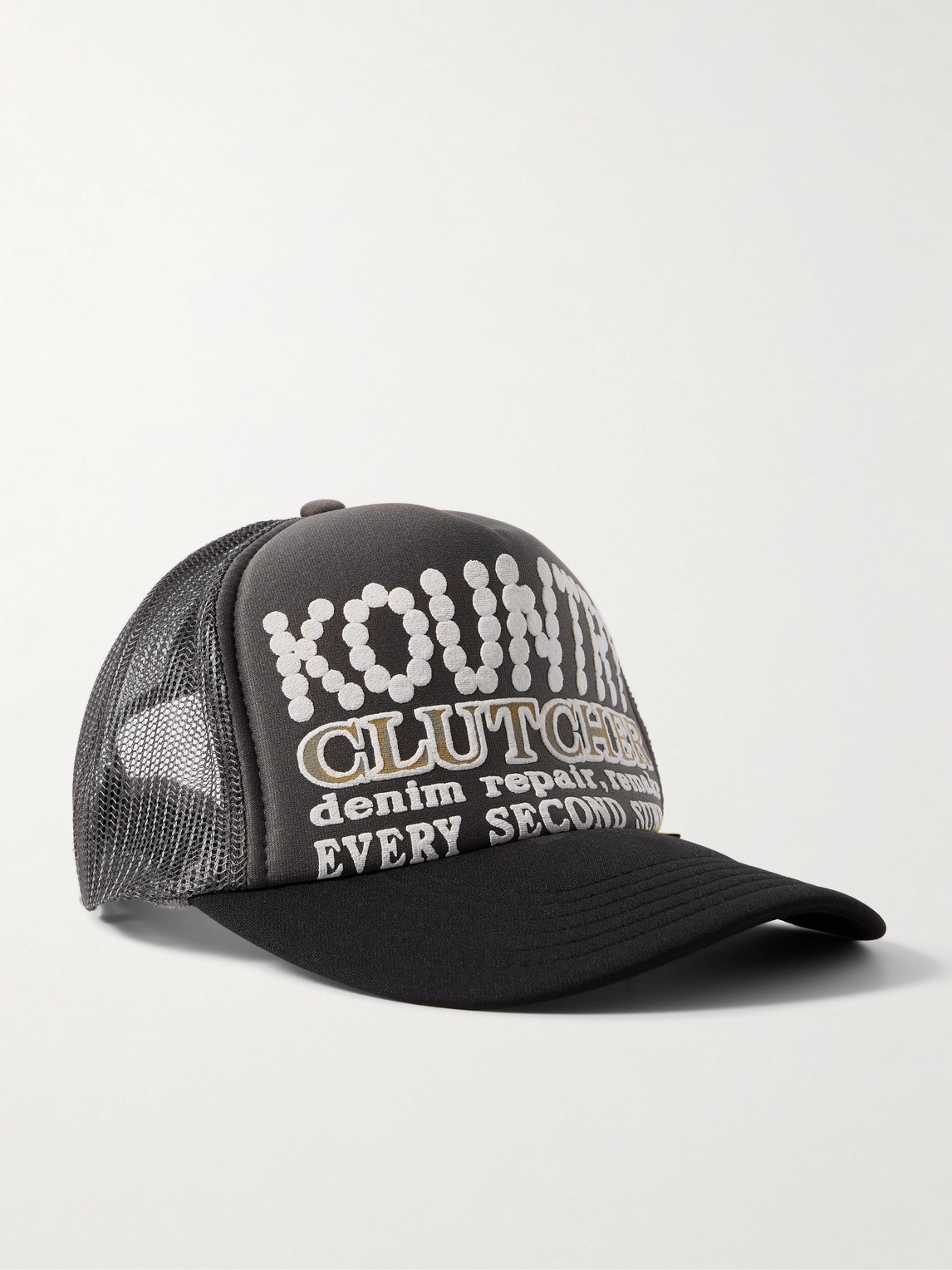 Kapital Pearl Clutcher Printed Canvas And Mesh Trucker Cap In Gray