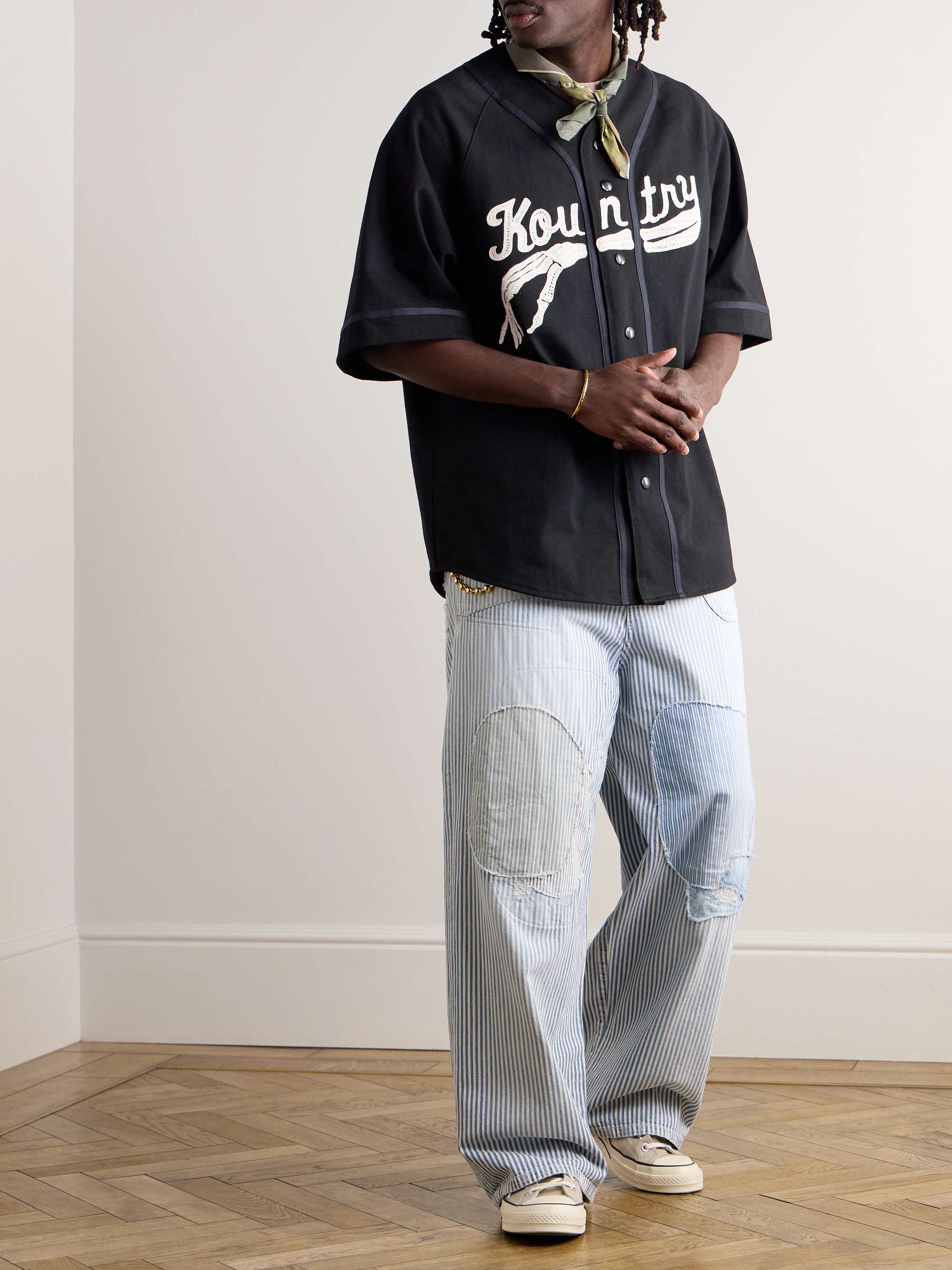 KAPITAL Katsuragi Tapered Appliquéd Distressed Cotton-Twill KAPITAL Katsuragi Tapered Appliquéd Distressed Cotton-Twill