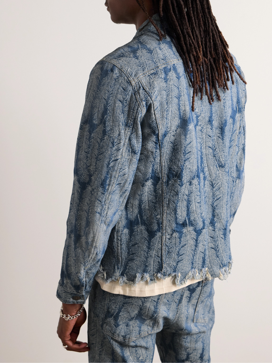 Shop Kapital Magpie Distressed Denim-jacquard Jacket In Blue