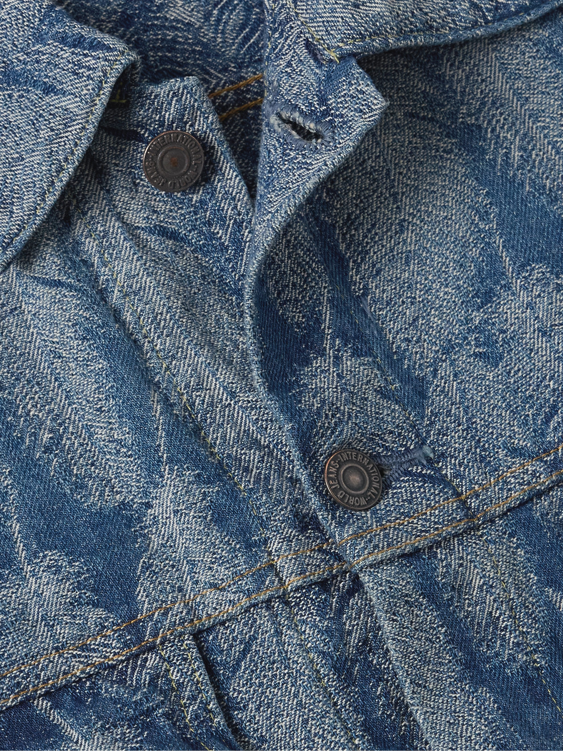 Shop Kapital Magpie Distressed Denim-jacquard Jacket In Blue