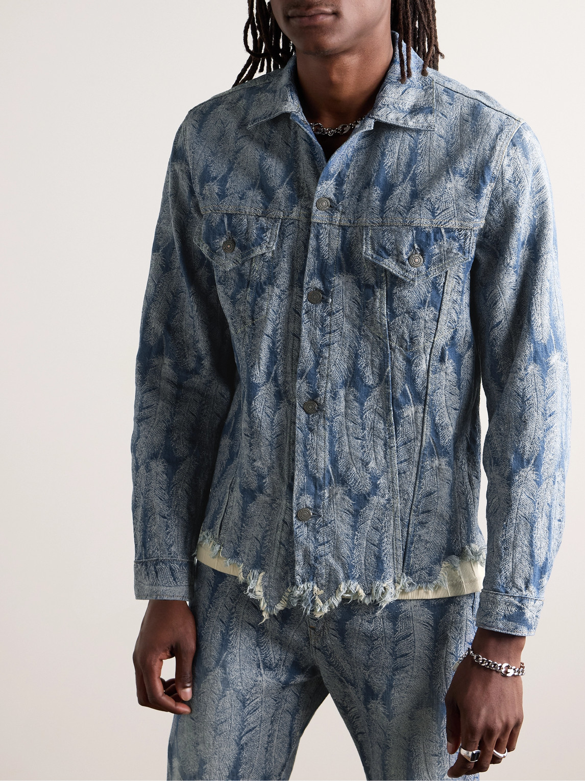 Shop Kapital Magpie Distressed Denim-jacquard Jacket In Blue