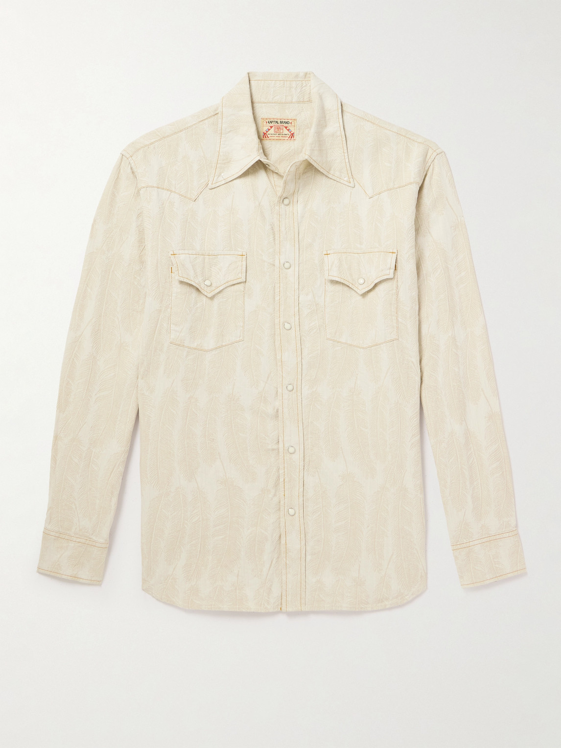 Kapital Magpie Distressed Denim-jacquard Western Shirt In Neutrals