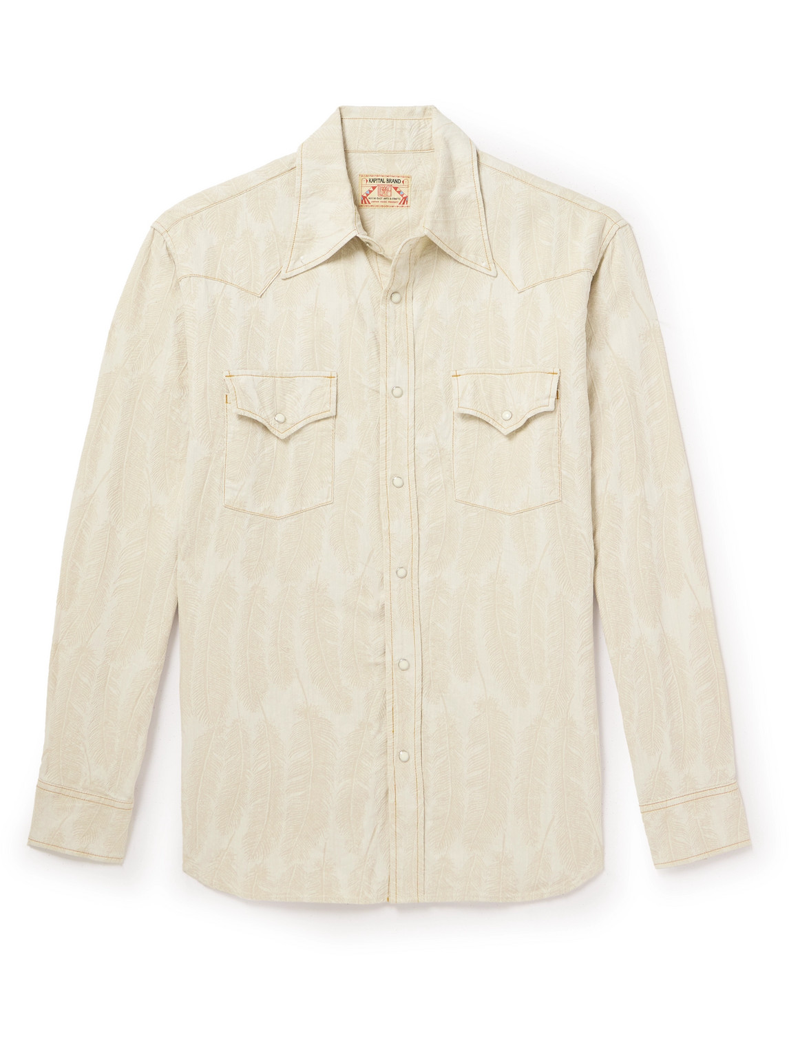 Kapital Magpie Distressed Denim-jacquard Western Shirt In Neutrals