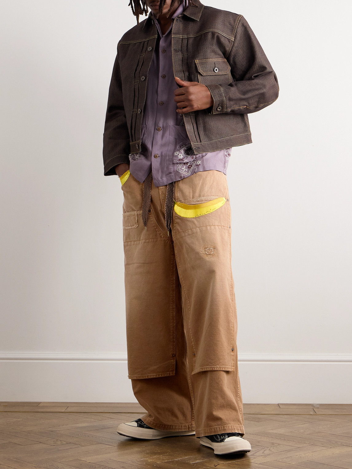Shop Kapital Wide-leg Appliquéd Distressed Panelled Jeans In Brown