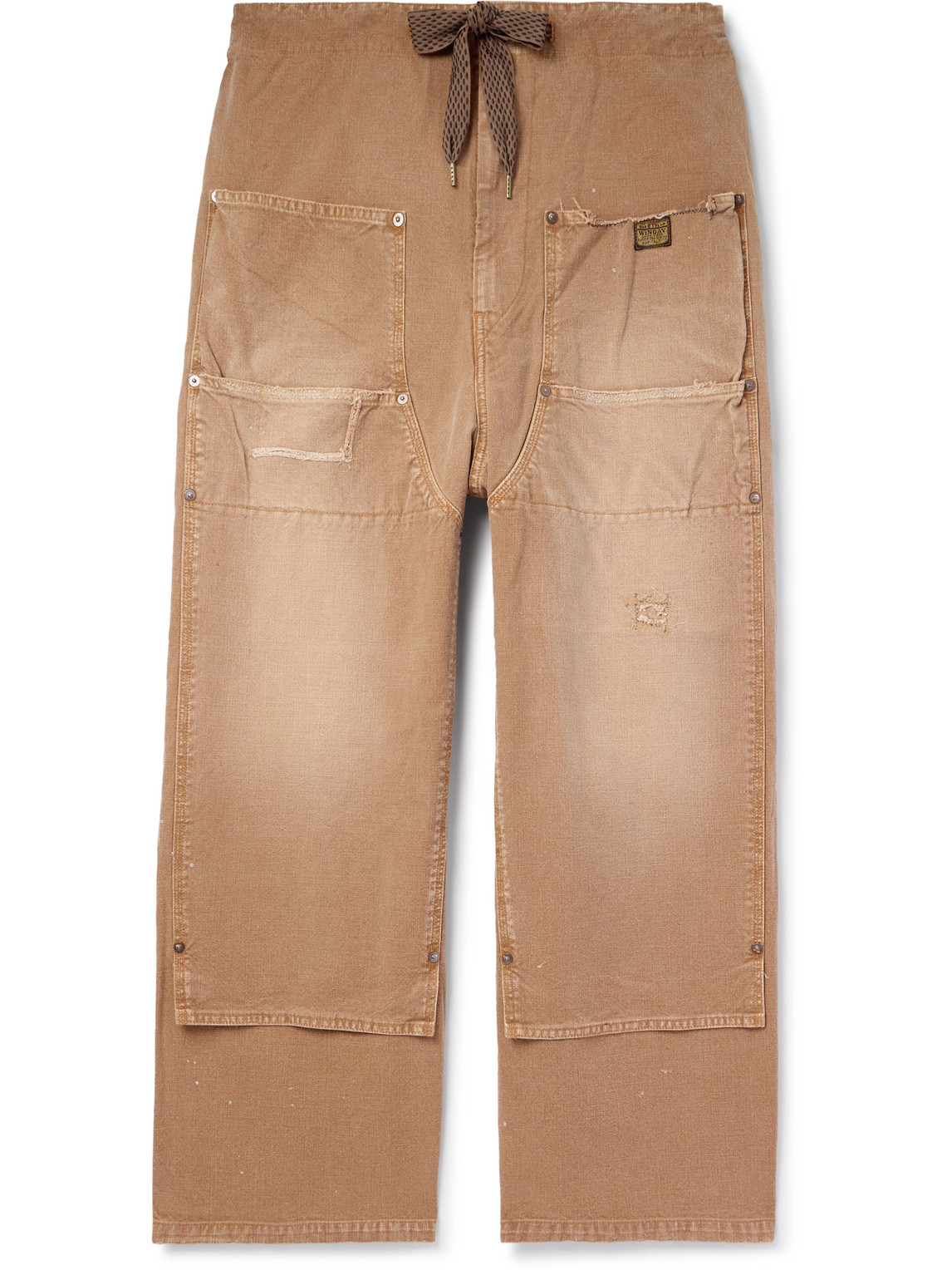 Kapital Farmer Wide-leg Logo-appliquéd Distressed Cotton Trousers In Brown