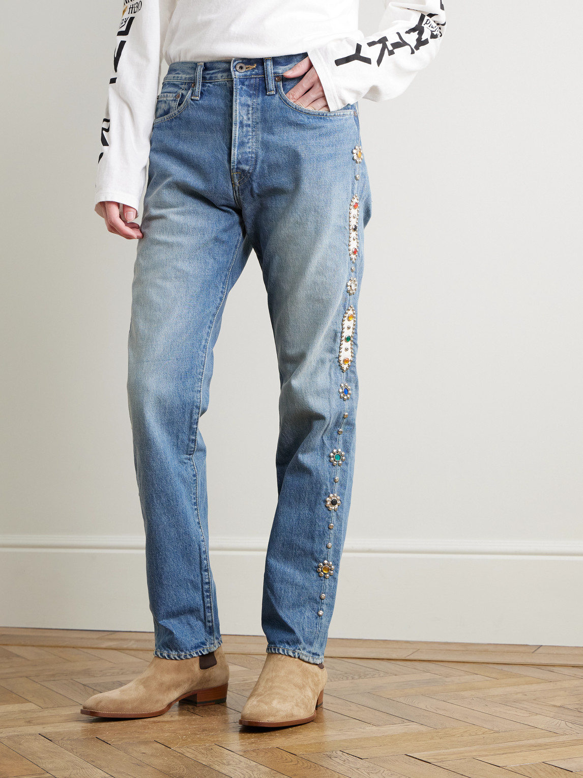 Monkey Cisco Straight-Leg Leather-Trimmed Embellished Jeans