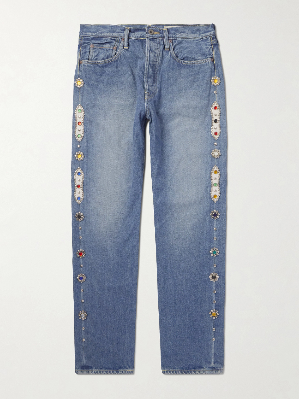 Kapital Monkey Cisco Straight-leg Leather-trimmed Embellished Jeans In Blue