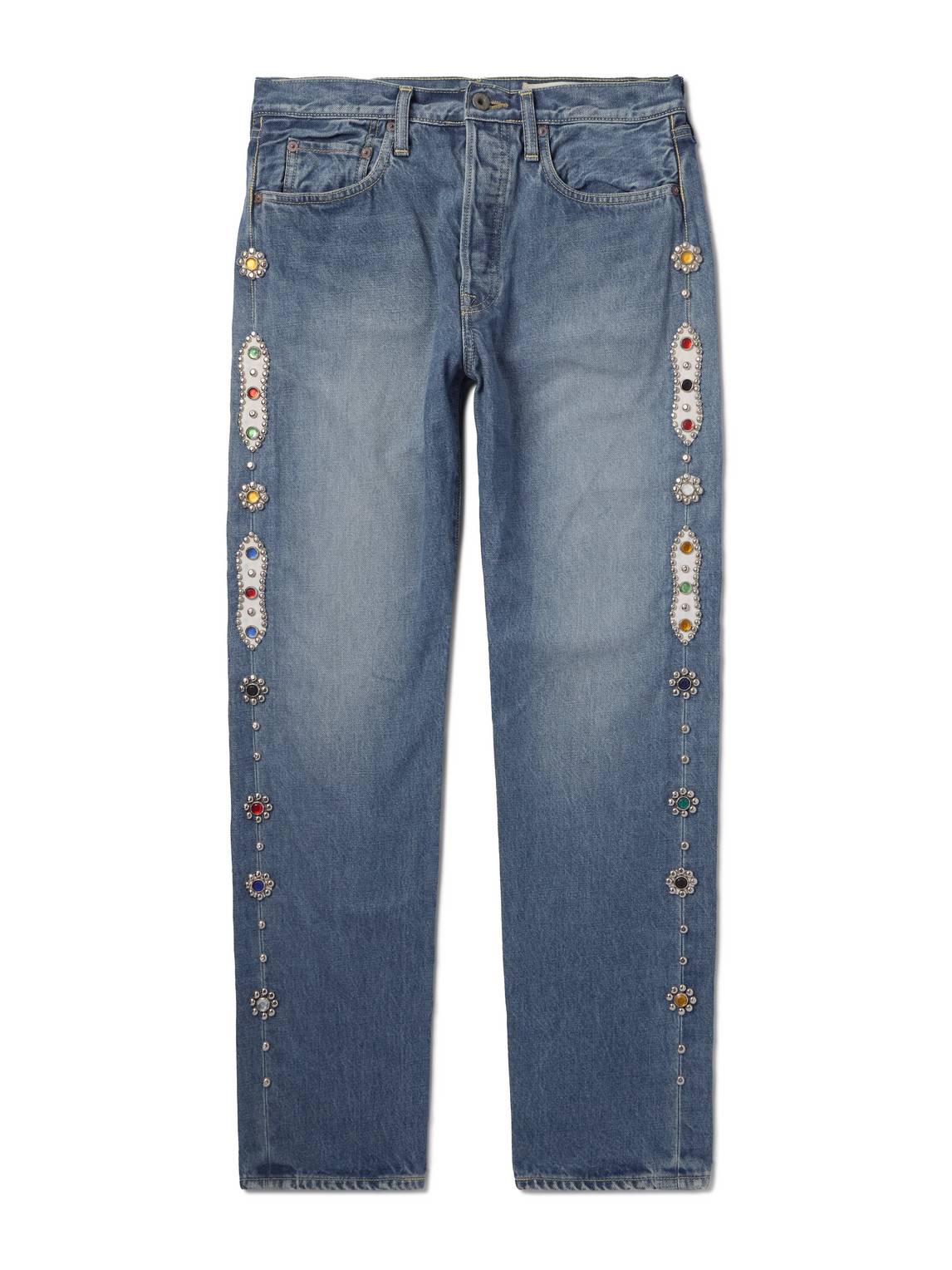 Monkey Cisco Straight-Leg Leather-Trimmed Embellished Jeans
