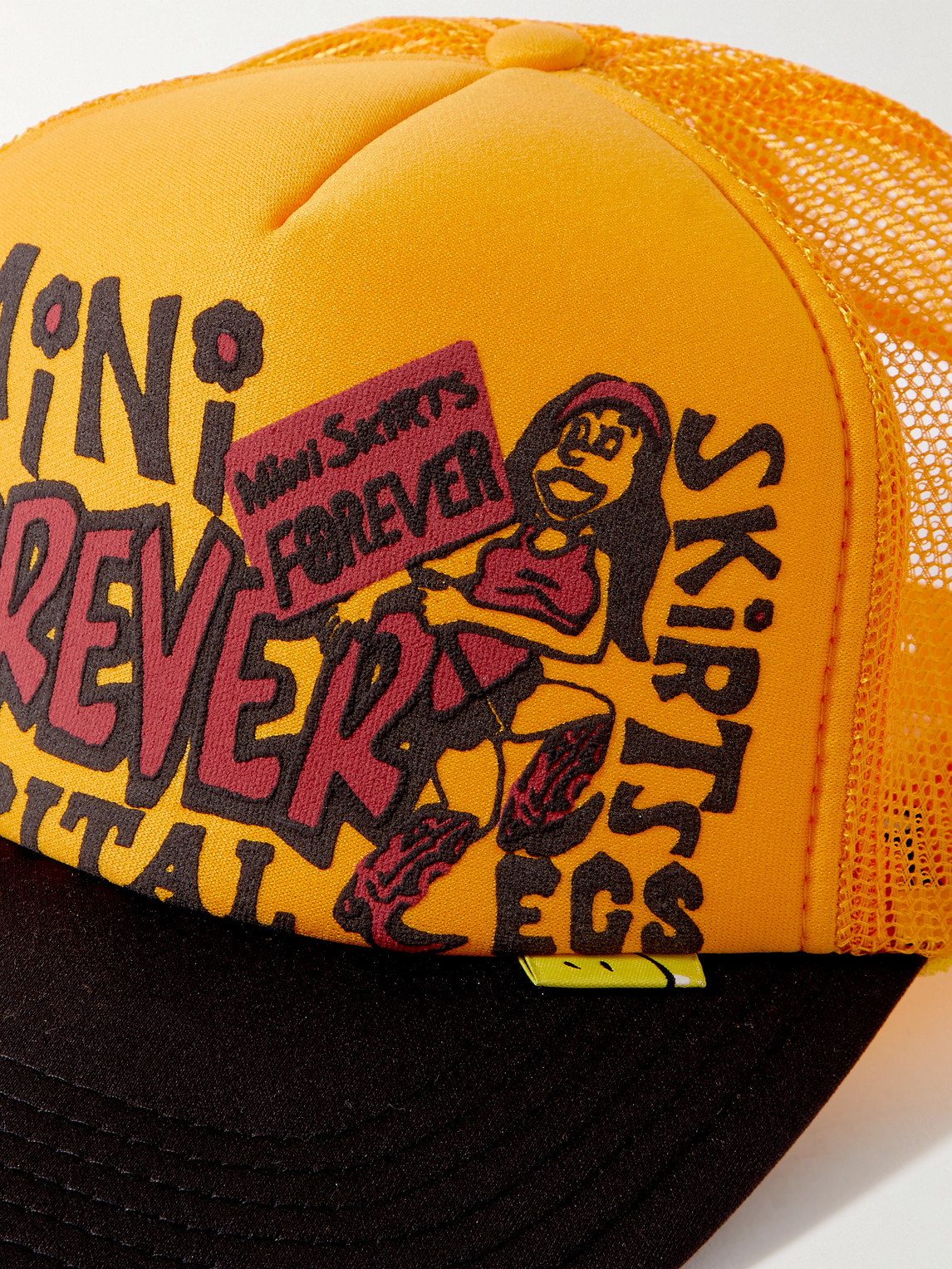 Shop Kapital Mini Skirts Forever Printed Scuba And Mesh Trucker Cap In Yellow