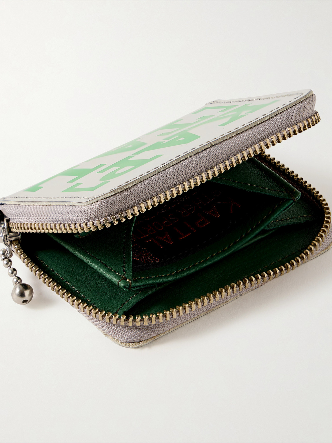 Shop Kapital Thumbs-up Mini Logo-print Metallic Leather Zip-around Wallet In Green