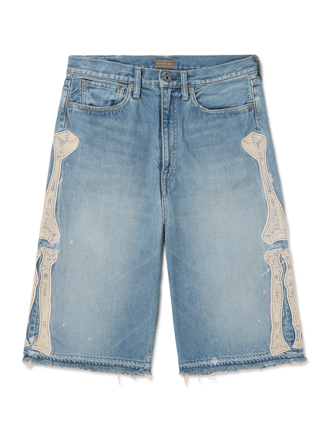 Kapital Straight-leg Appliquéd Distressed Denim Shorts In Blue