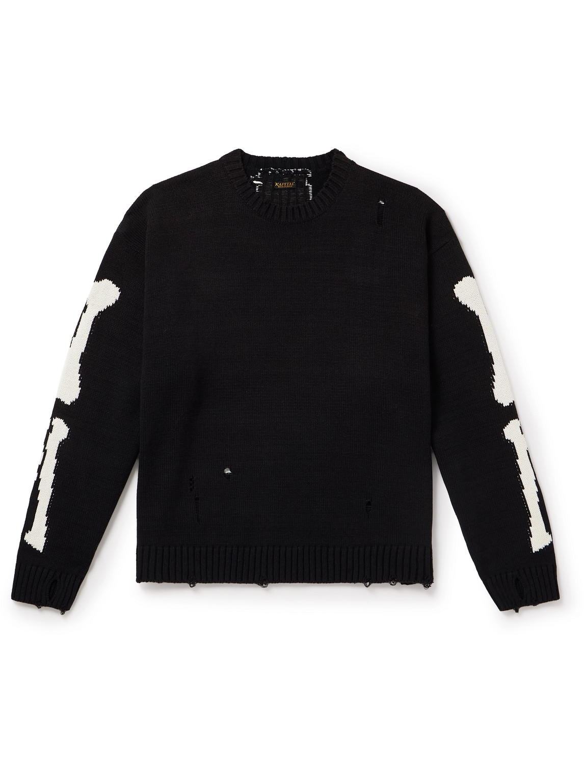 Shop Kapital 5g Distressed Intarsia Cotton-blend Sweater In Black