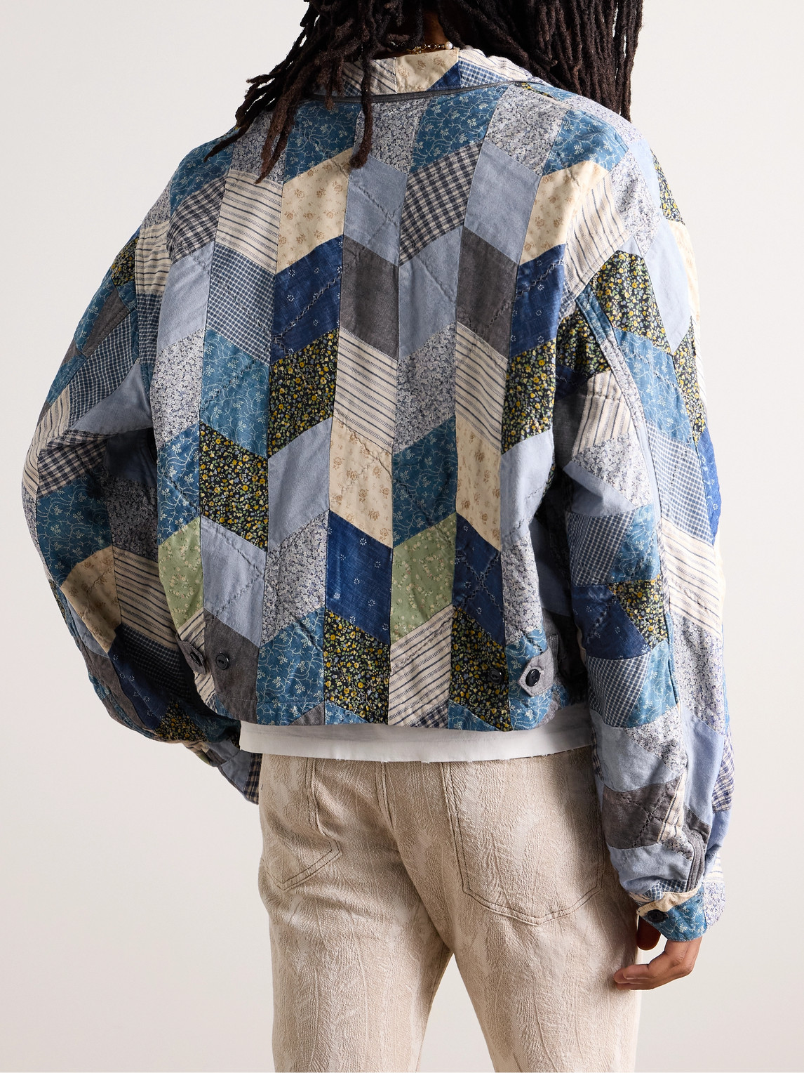 Shop Kapital Yabane Cropped Quilted Patchwork Cotton And Linen-blend Jacket In Blue