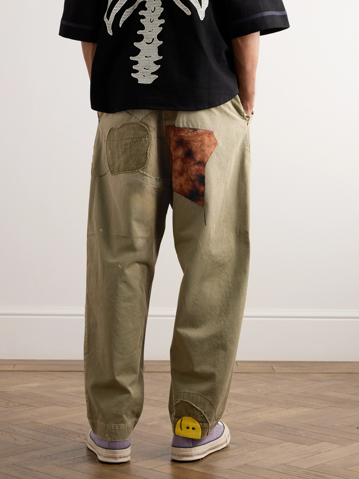 Shop Kapital Katsuragi Tapered Appliquéd Distressed Cotton-twill Trousers In Unknown