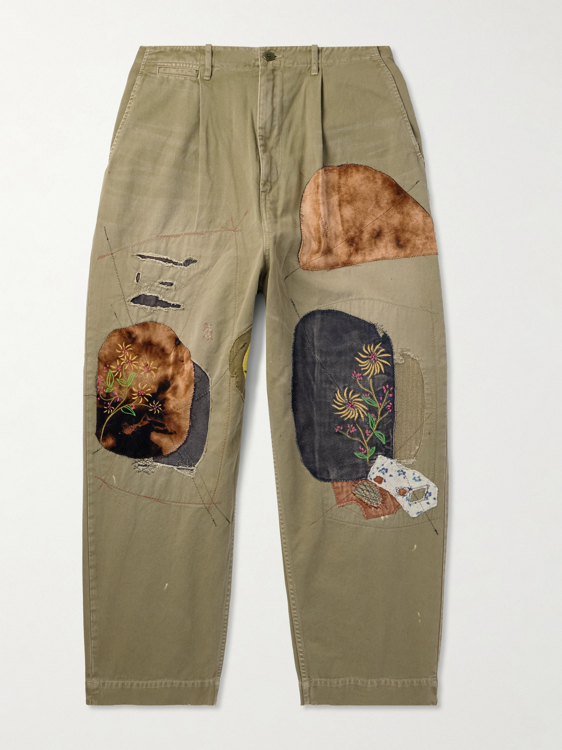 KAPITAL Katsuragi Tapered Appliquéd Distressed Cotton-Twill Trousers - Men