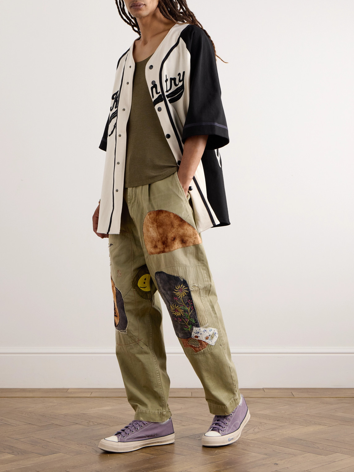 Shop Kapital Katsuragi Tapered Appliquéd Distressed Cotton-twill Trousers In Unknown