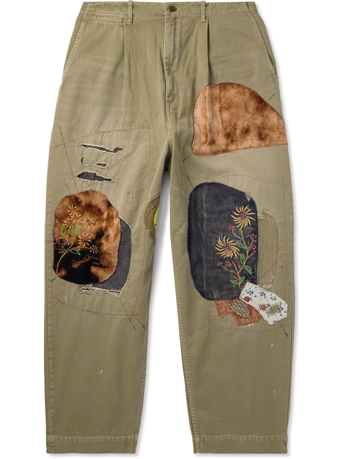 Shop Kapital Katsuragi Tapered Appliquéd Distressed Cotton-twill Trousers In Unknown