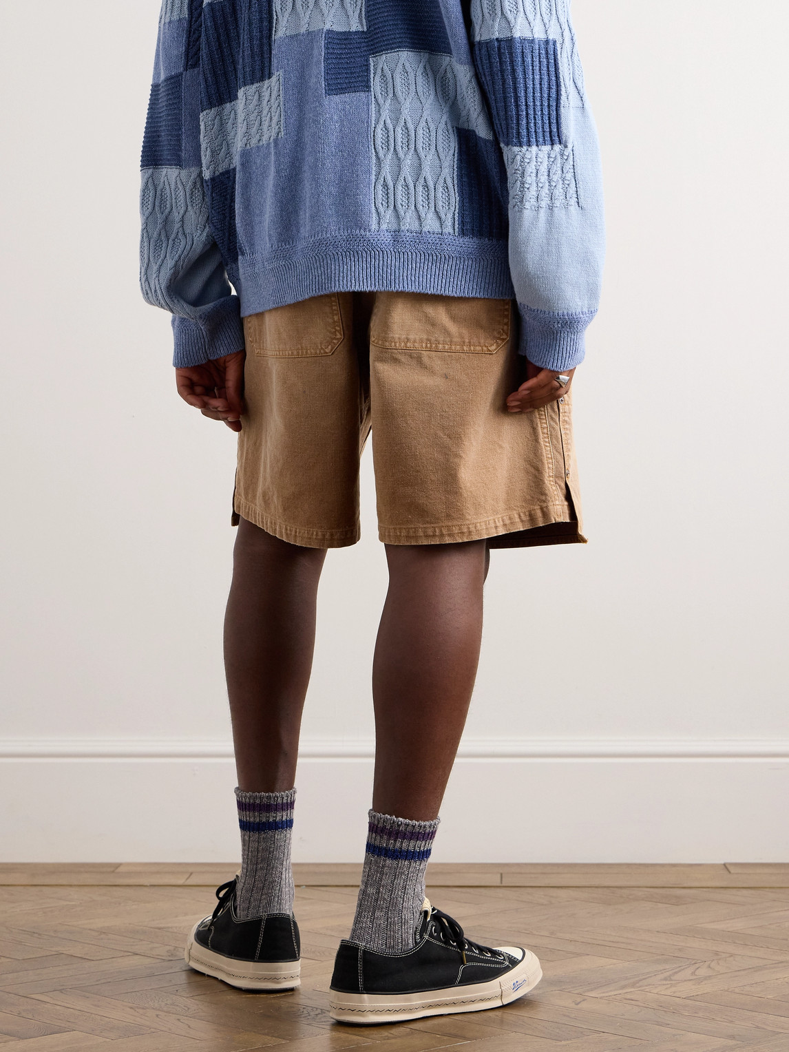 Shop Kapital Wide-leg Appliquéd Distressed Panelled Denim Shorts In Brown
